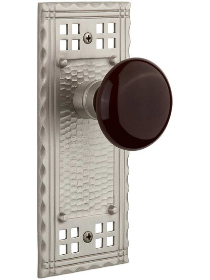 Pasadena Door Set with Brown Porcelain Knobs in Satin Nickel.